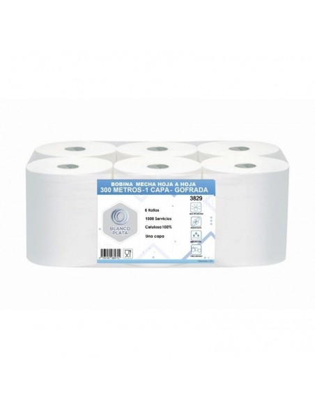 BOBINA MECHA HOJA-HOJA 1 CAPA 300M 1000 SERVICIOS BLANCOPLATA 6 UNIDADES