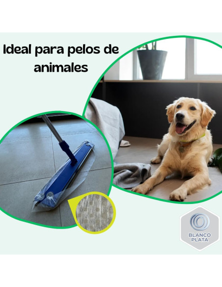 PACK SOPORTE+PALO+ RECAMBIO 50 GASAS ATRAPAPOLVO+12 GASAS MICROFIBRA LIMPIEZA EN HÚMEDO BLANCOPLATA