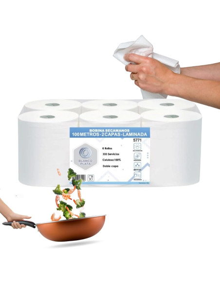 BOBINA MECHA 100M 2 CAPAS LAMINADA PASTA PURA BLANCOPLATA 6 UNIDADES