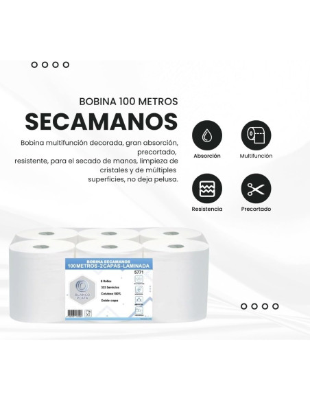 BOBINA MECHA 100M 2 CAPAS LAMINADA PASTA PURA BLANCOPLATA 6 UNIDADES