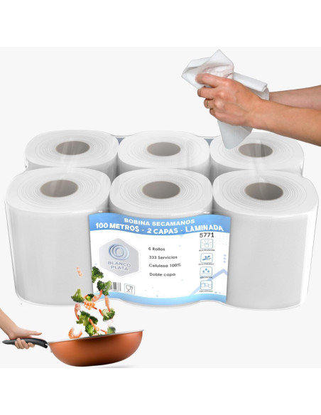 BOBINA MECHA 100M 2 CAPAS LAMINADA PASTA PURA BLANCOPLATA 6 UNIDADES