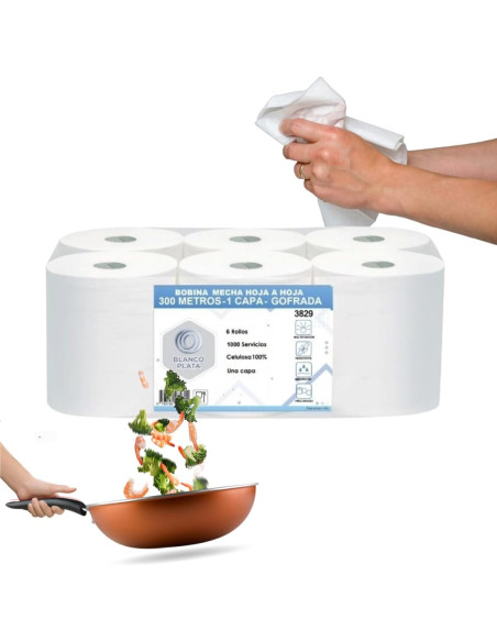 BOBINA MECHA HOJA-HOJA 1 CAPA 300M 1000 SERVICIOS BLANCOPLATA 6 UNIDADES