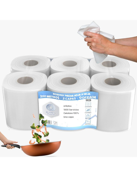 BOBINA MECHA HOJA-HOJA 1 CAPA 300M 1000 SERVICIOS BLANCOPLATA 6 UNIDADES