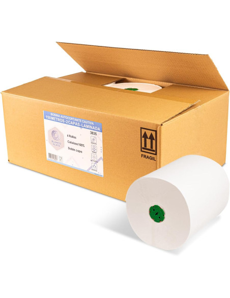 BOBINA AUTOCORTE 150M 2 CAPAS CAUTIVO BLANCOPLATA 6 UNIDADES