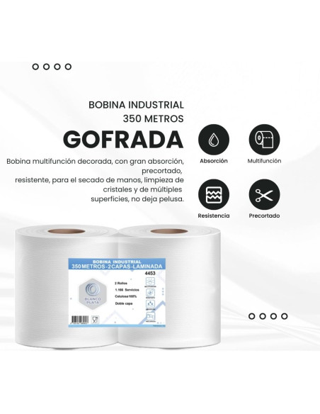 BOBINA INDUSTRIAL 350M 2 CAPAS LAMINADA PASTA PURA BLANCOPLATA 2 UNIDADES