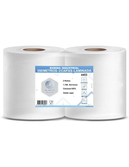 BOBINA INDUSTRIAL 350M 2 CAPAS LAMINADA PASTA PURA BLANCOPLATA 2 UNIDADES