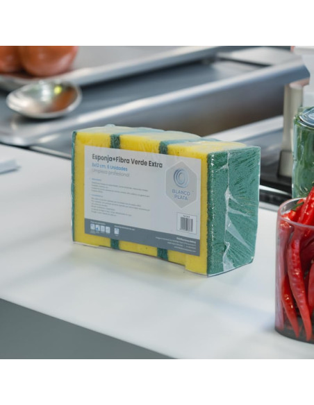 ESPONJA+FIBRA VERDE EXTRA BLANCOPLATA 8X12CM 6 UNIDADES
