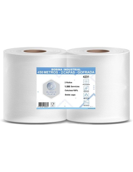 BOBINA INDUSTRIAL 500M 2 CAPAS GOFRADA PASTA PURA BLANCOPLATA 2 UNIDADES