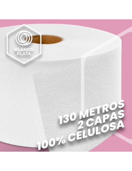 PAPEL WC INDUSTRIAL 130M 2 CAPAS LAMINADO PASTA PURA BLANCOPLATA 18 UNIDADES