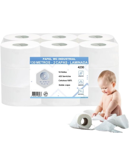 PAPEL WC INDUSTRIAL 130M 2 CAPAS LAMINADO PASTA PURA BLANCOPLATA 18 UNIDADES