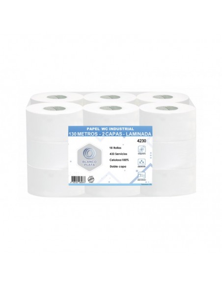 PAPEL WC INDUSTRIAL 130M 2 CAPAS LAMINADO PASTA PURA BLANCOPLATA 18 UNIDADES