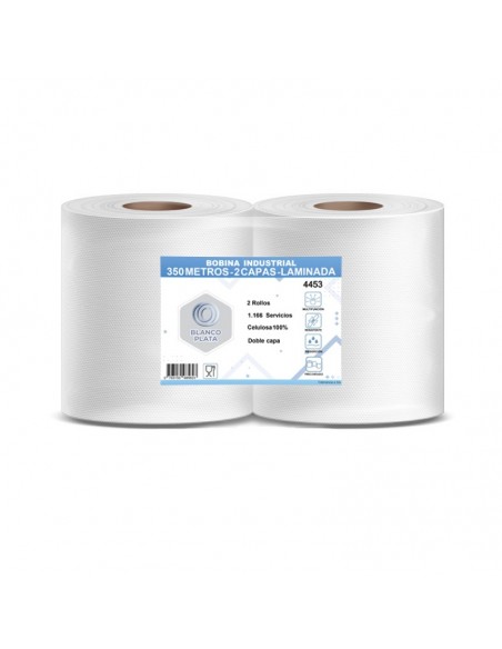 BOBINA INDUSTRIAL 350M 2 CAPAS LAMINADA PASTA PURA BLANCOPLATA 2 UNIDADES